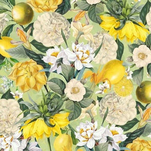 Nostalgic Hand Painted Antique Spring Flowers Magnolias, Emperor Corolla, Camellia and Daffodil Garnished with Tropical Fruits  Green Double Layer