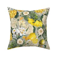 Nostalgic Hand Painted Antique Spring Flowers Magnolias, Emperor Corolla, Camellia and Daffodil Garnished with Tropical Fruits Gray Double Layer