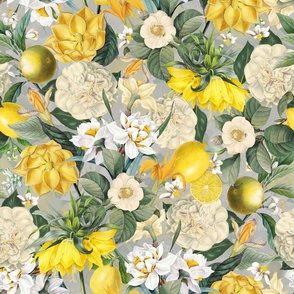 Nostalgic Hand Painted Antique Spring Flowers Magnolias, Emperor Corolla, Camellia and Daffodil Garnished with Tropical Fruits Gray Double Layer