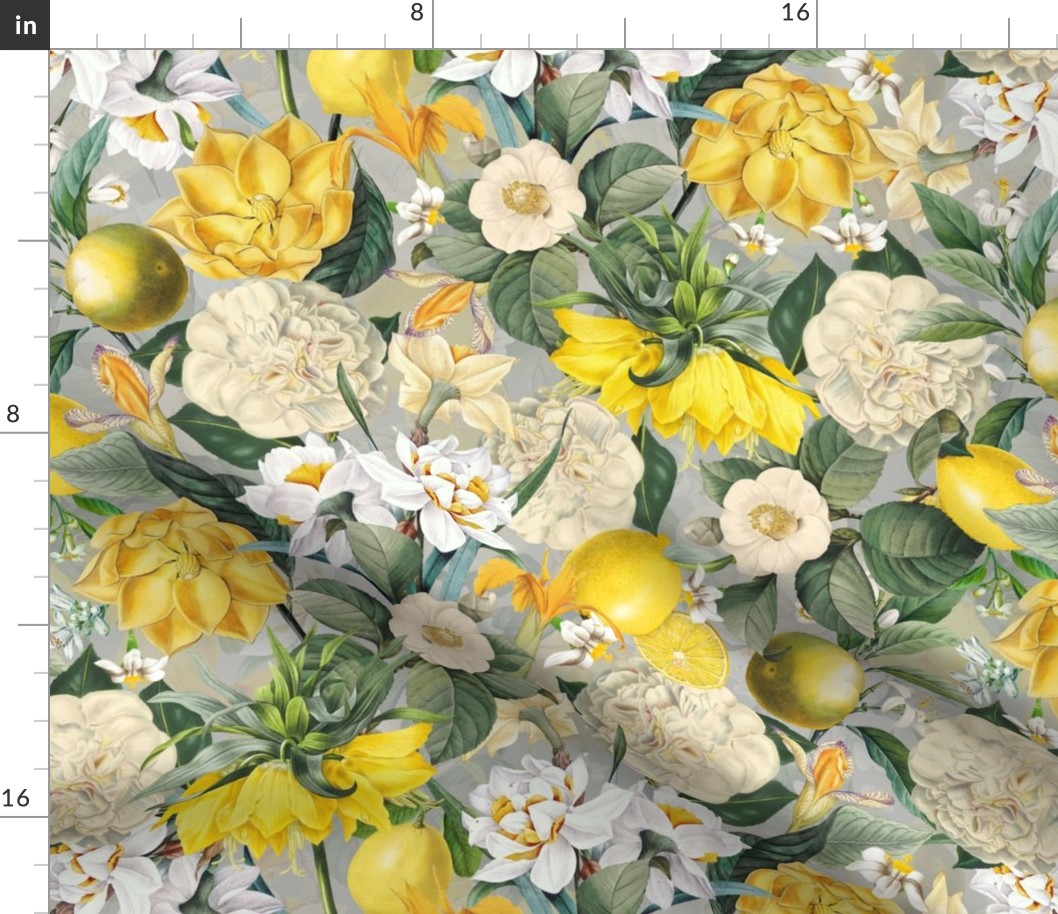 Nostalgic Hand Painted Antique Spring Flowers Magnolias, Emperor Corolla, Camellia and Daffodil Garnished with Tropical Fruits Gray Double Layer