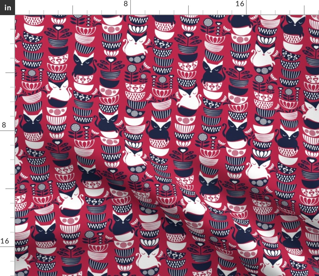 Small scale // Swedish folk cats // viva magenta (Pantone Color of the Year 2023) background oxford navy blue and white flowers bowls and cute kitties