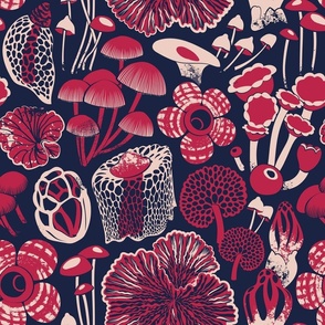 Normal scale // Otherworldly fungi // oxford navy blue background viva magenta (Pantone Color of the Year 2023) and pale dogwood coral wild toadstool mushrooms 
