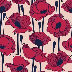 Normal scale // Field of poppies // pale dogwood coral background viva magenta (Pantone Color of the Year 2023) wildflowers oxford navy blue line contour 