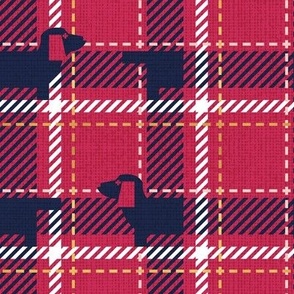 Small scale // Ta ta tartan doxie reworked tartan // viva magenta (Pantone Color of the Year 2023) background oxford navy blue dachshund dog white pale dogwood coral and golden textured criss-crossed vertical and horizontal stripes