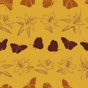 Lilies in lines and butterflies silhouettes retro