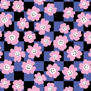 Smiley flowers and checker - retro fun kids design in pink navy blue black