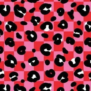 Checker leopard - wild retro Valentine design checkerboard nineties trend panther spots pink red 