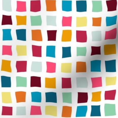 small scale viva magenta crooked squares on white - viva magenta mix colors - colorful squares fabric and wallpaper