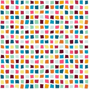small scale viva magenta crooked squares on white - viva magenta mix colors - colorful squares fabric and wallpaper