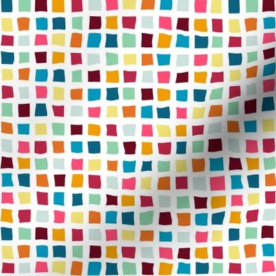 micro scale viva magenta crooked squares on white - viva magenta mix colors - colorful squares fabric and wallpaper