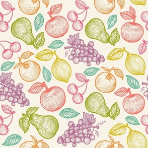 Vintage coorful fruits in engraving style.