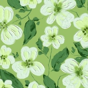 Acrylic flowers, Light green on a green background