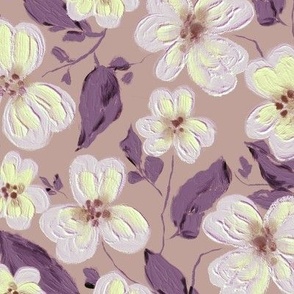 Acrylic flowers, Green-lilac on a light-cocoa background
