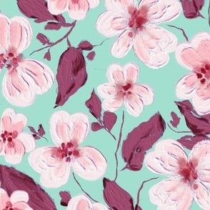Acrylic flowers, Light pink on a light turquoise background