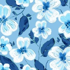 Acrylic flowers, White-blue on a light blue background
