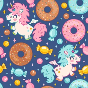 Cute unicorn with candies and donuts for kids. 