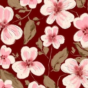 Acrylic flowers, White-pink on a burgundy background
