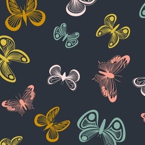 Colorful Butterflies on Dark Navy Solid Blue Background