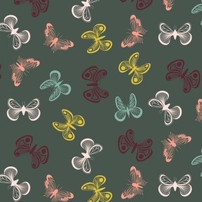 Colorful Butterflies on Dark Sage Green Background