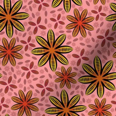 Success - Striped Boho Flowers - Hero - Black, Cosmos Pink, Crimson, Muted Marigold - e8c567, e5a2c1, c04849