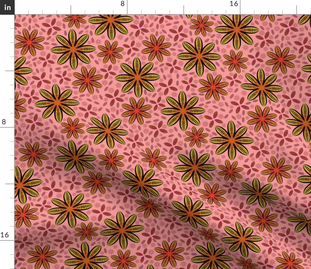 Success - Striped Boho Flowers - Hero - Black, Cosmos Pink, Crimson, Muted Marigold - e8c567, e5a2c1, c04849