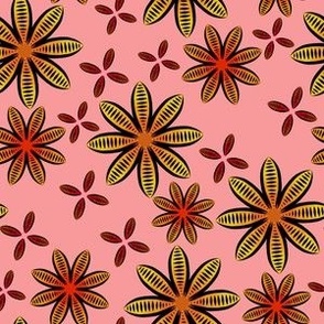 Success - Striped Boho Flowers -Secondary - Black, Cosmos Pink, Crimson, Muted Marigold - e8c567, e5a2c1, c04849