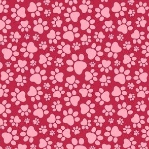 Small Scale Dog and Cat Animal Paw Prints Pink on Viva Magenta