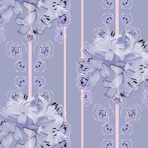 3x5-Inch Half-Drop Repeat of Lavender Roses and Lilies with Soft Pink Stripes on Lilac Lavender Background