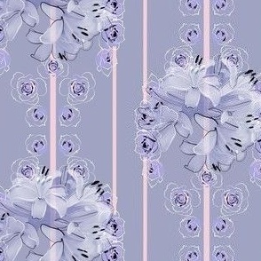 Small-Size Half-Drop of Lavender Roses and Lilies with Soft Pink Stripes on Lilac Lavender Background