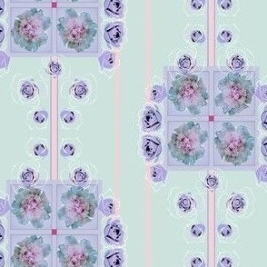 3x5-Inch Half-Drop Repeat of Lavender Roses with Soft Pink Stripes on Seaglass Background CDE1DD