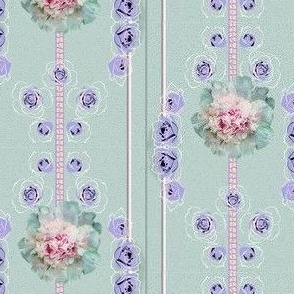 3x5-Inch Half-Drop Repeat of Lavender Roses with Peony and Pink Stripes on Seaglass Background CDE1DD