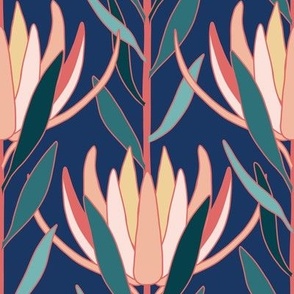 Medium Art Deco Australian Native Leucadendron Flowers with Schiava Blue Background