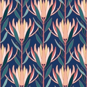 Small Art Deco Australian Native Leucadendron Flowers with Schiava Blue Background