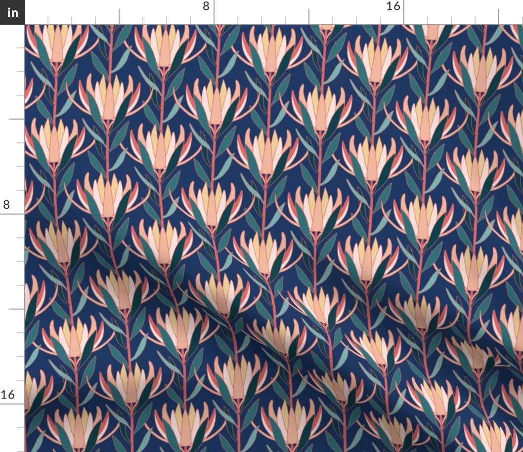 Small Art Deco Australian Native Leucadendron Flowers with Schiava Blue Background