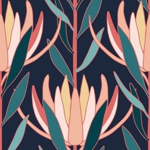 Medium Art Deco Australian Native Leucadendron Flowers with Midnight Blue Background