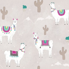 [large] Llamas with pom poms and cacti - warm taupe grey with magenta, teal and mint