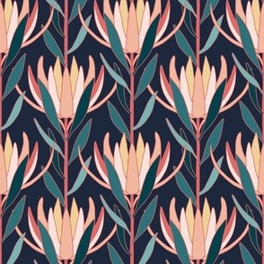 Small Art Deco Australian Native Leucadendron Flowers with Midnight Blue Background