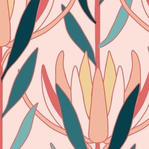 Large Art Deco Australian Native Leucadendron Flowers with Pale Pink Background