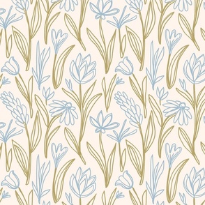 hand drawn sketch floral - blue and olive green