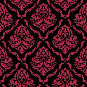 Bigger Scale Floral Damask Viva Magenta on Black 