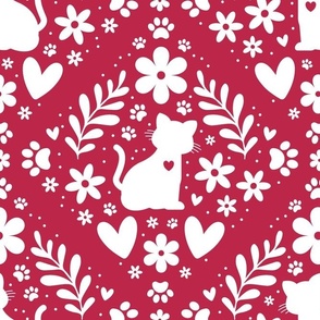 Large Scale Cat Floral Damask White on Viva Magenta