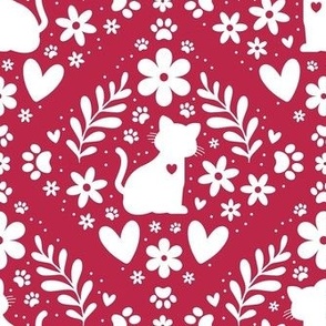 Medium Scale Cat Floral Damask White on Viva Magenta