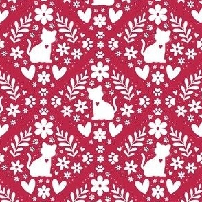 Small Scale Cat Floral Damask White on Viva Magenta