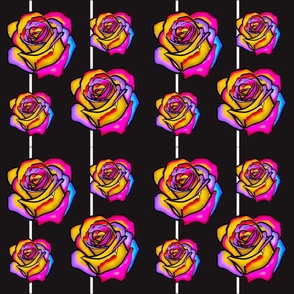 Watercolor Roses Against Black and White Stripes