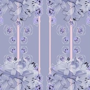 3x5-Inch Repeat of Lavender Roses and Lilies with Soft Pink Stripes on Lilac Lavender Background