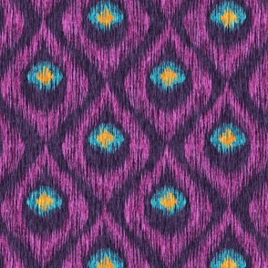 Purple ikat pattern with abstract peacock feathers