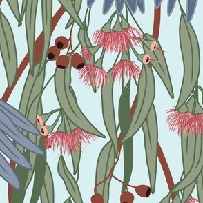 Large Art Nouveau Australian Galahs and Eucalyptus with Iceberg Blue Background