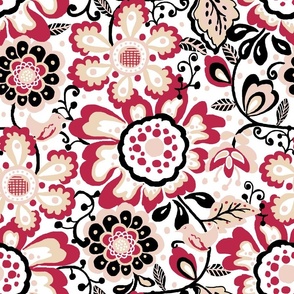 Modern Scandinavian Folk Art Floral - Viva Magenta, Pale Dogwood, Gray Sand, Black and White 