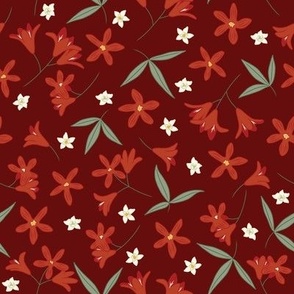 Medium Ditsy Australian Native Christmas Bush Florals with Ox Blood Organ Red  Background