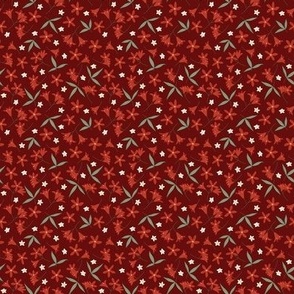 Mini Ditsy Australian Native Christmas Bush Florals with Ox Blood Organ Red  Background